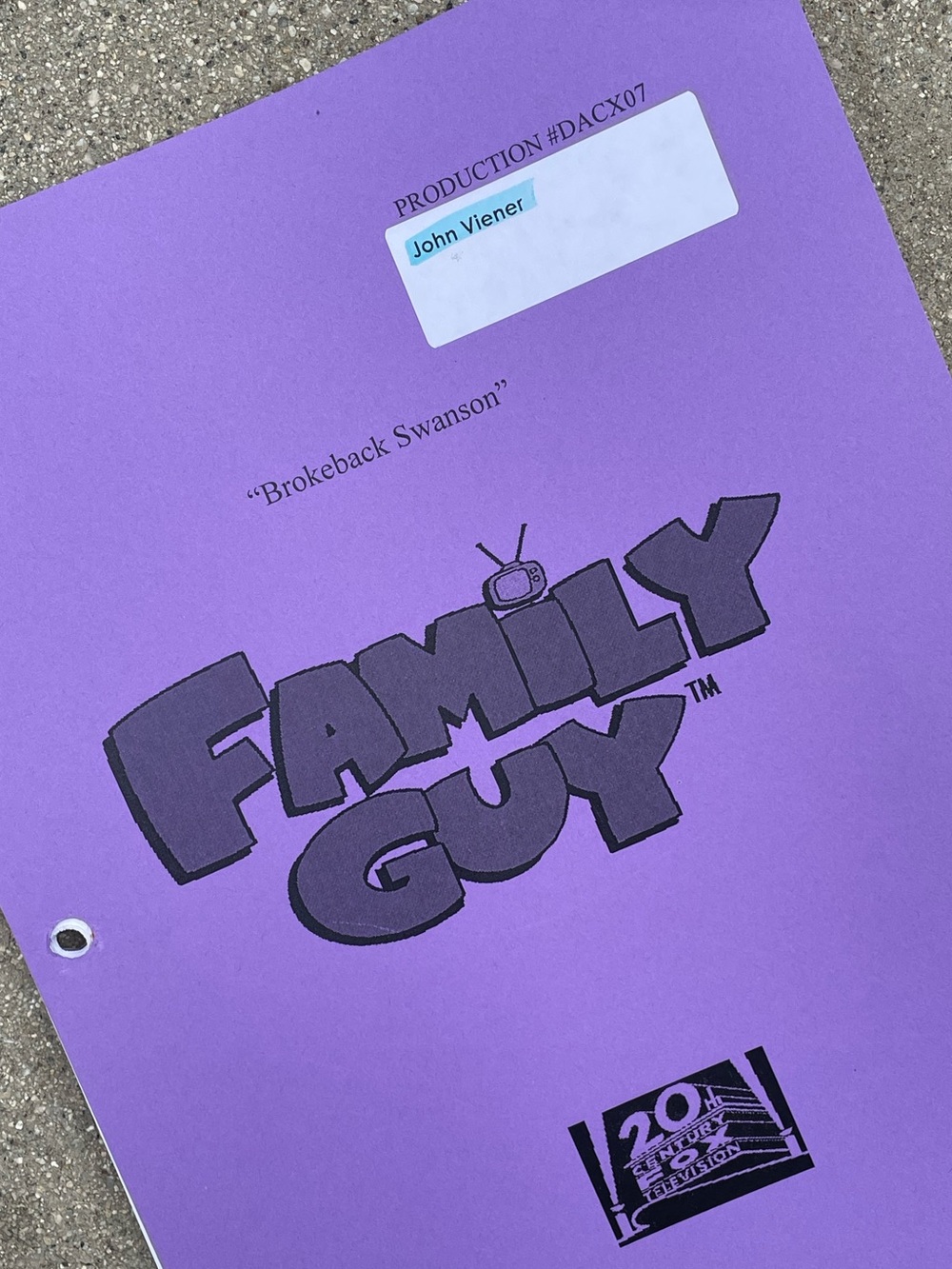 Family Guy 2014 John Veiner Production Used Table Script Brokeback Swanson RARE